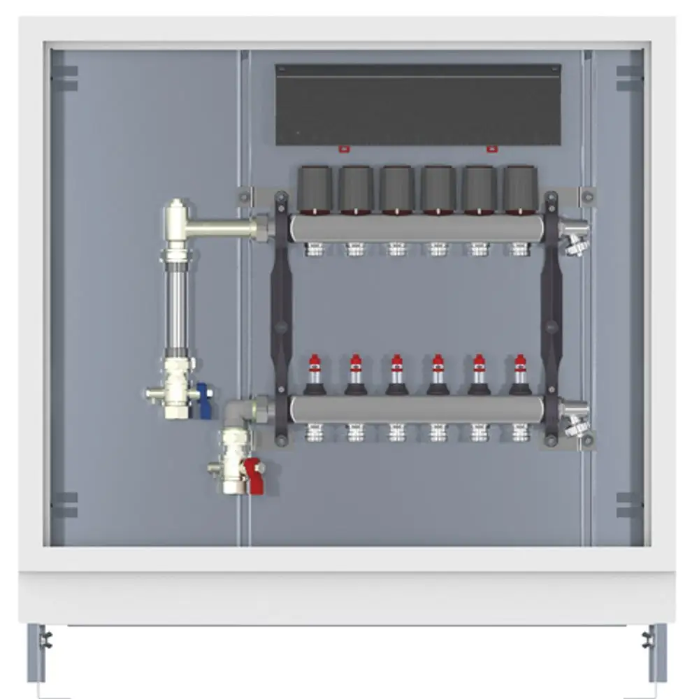 Verteilerstation von Roth mit mehreren Anschlussleitungen, Stellventilen und einem WMZ-Set in vertikaler Anordnung in einem schlichten, grauen Gehäuse.